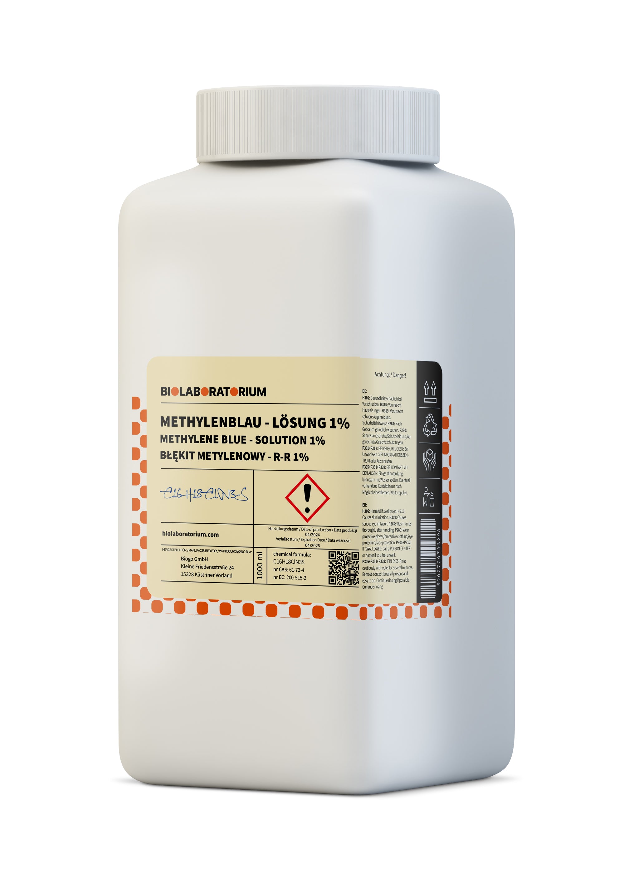Flüssige Methylenblaulösung 1% in 1000 ml Flasche von BioLaboratorium, klare bläuliche Lösung für chemische Tests.