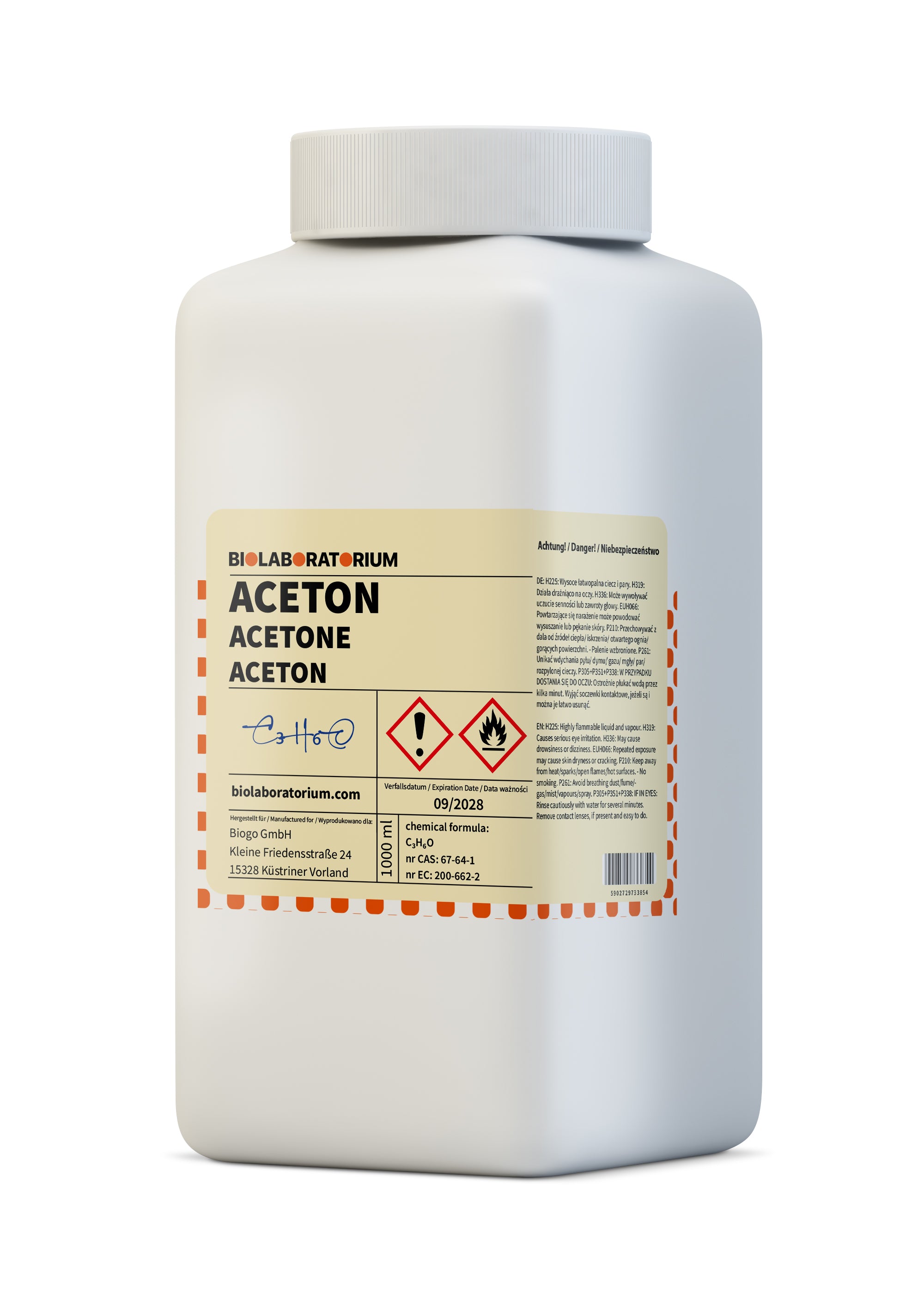 Flasche mit 500ml Aceton von BioLaboratorium, chemischer Lösungsmittel in transparentem Behälter