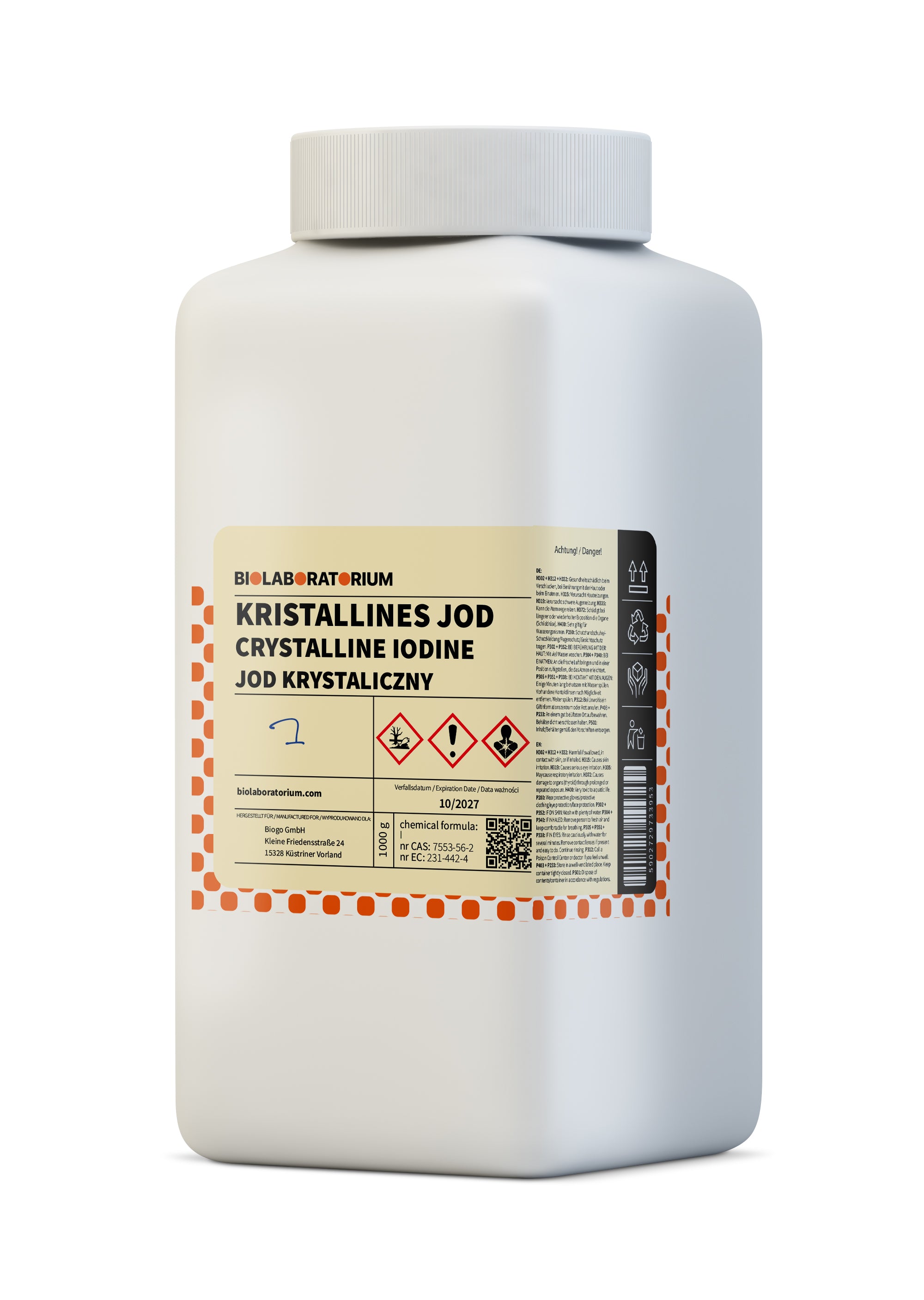 Kristallines Jod in 1kg Verpackung von BioLaboratorium, feines, reines Salzjod für medizinische und kulinarische Anwendungen