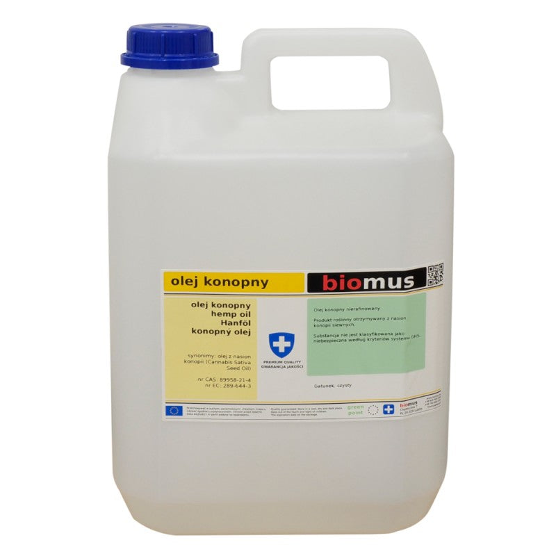 Unraffiniertes Hanföl in 5L Biobio-Qualität, braune Flasche mit grüner Beschriftung, biologisches Hanföl von BIOMUS