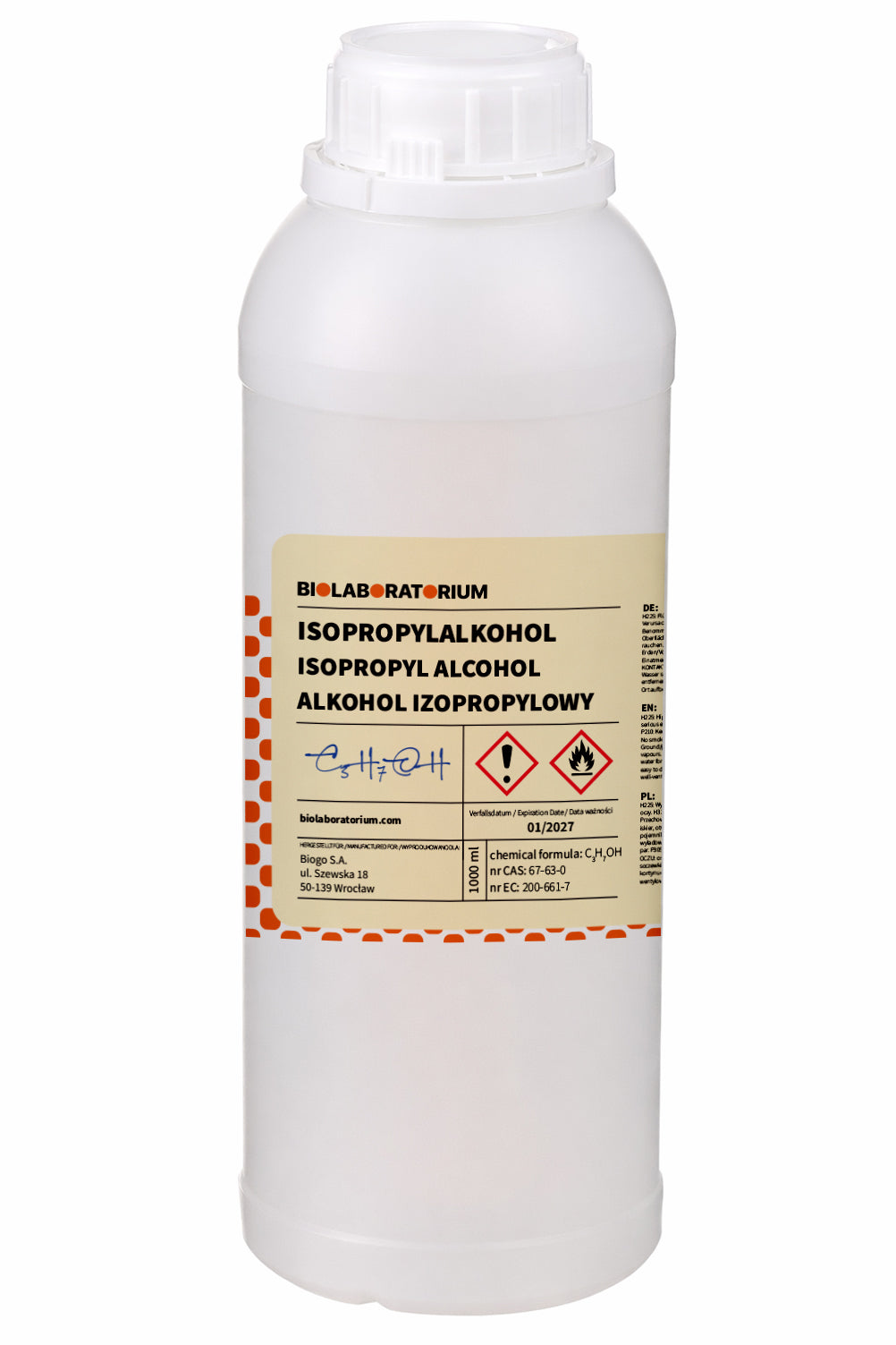 Isopropylalkohol IPA 1L von BioLaboratorium in Flasche, medizinisch und hygienisch verwendbar, klare Flüssigkeit