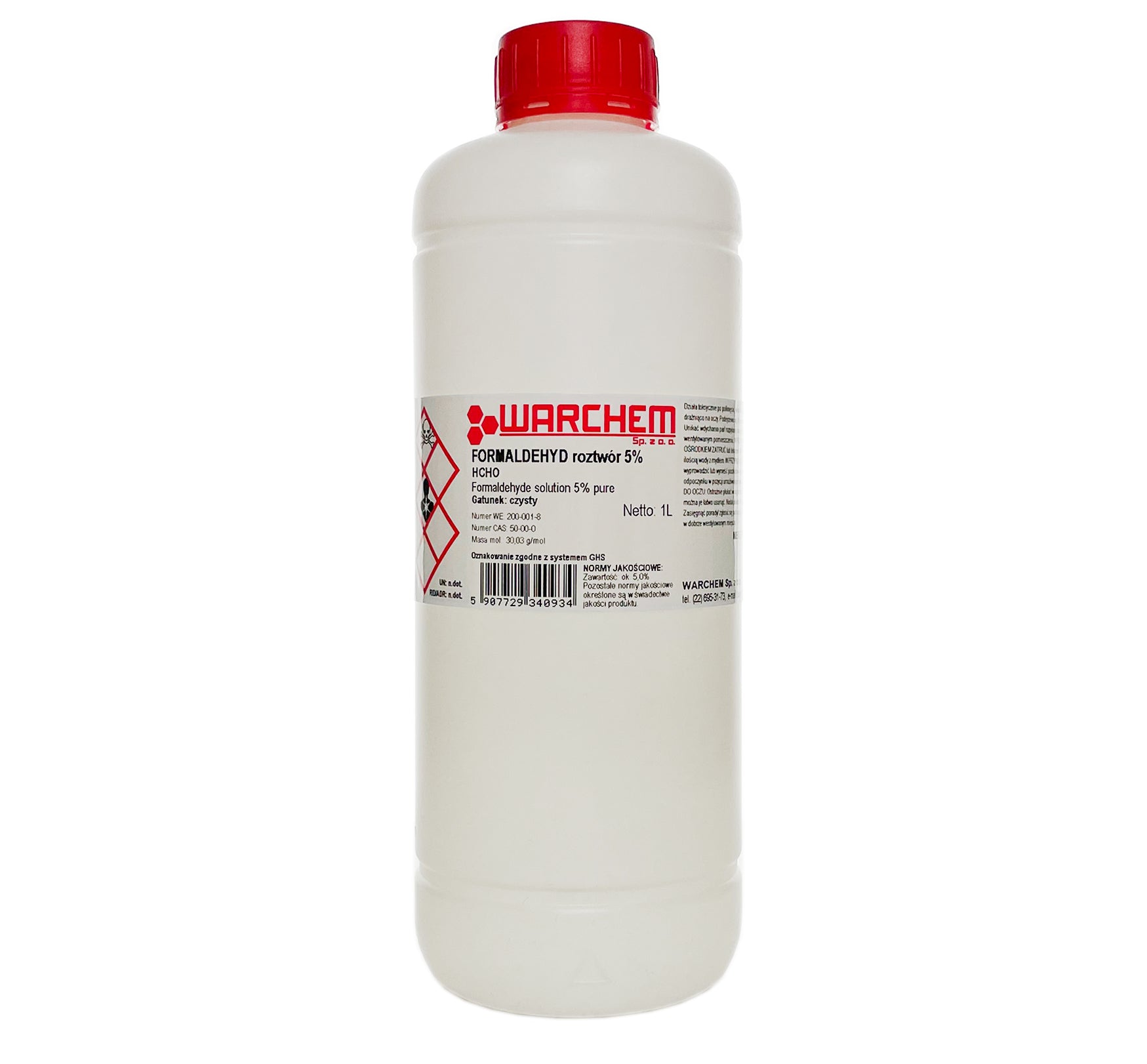 Reines Formaldehyd 5 % in 1L Flasche von WARCHEM, klare Flüssigkeit in transparentem Behälter, chemisches Produkt für Laboranwendungen