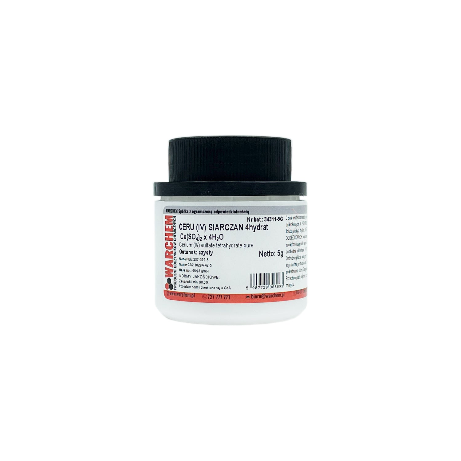 Reines CER(IV)Sulfat Hydrat 5g von WARCHEM in einer transparenten Verpackung, chemische Substanz in kleiner Dose.