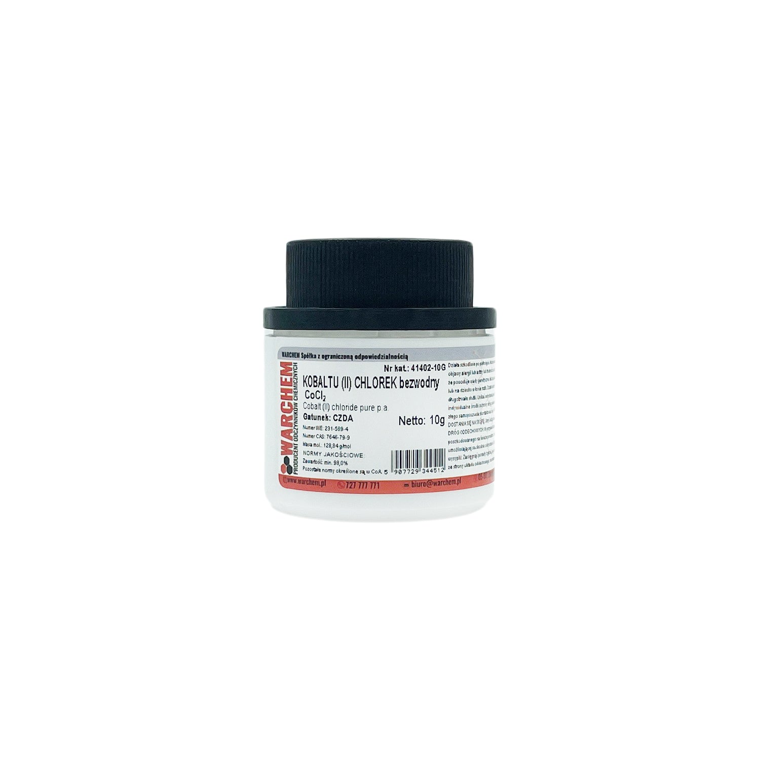 Wasserfreier Kobalt(II)-Chlorid Rein, 10g, WARCHEM, chemische Verbindung in einer transparenten Verpackung.