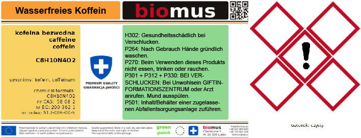 Wasserfreies Koffein Coffeinum 20kg BIOMUS - Biolaboratorium