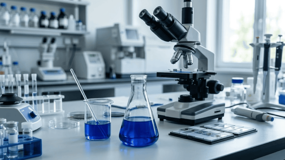 Methylenblau-Lösung in Laborglas neben Mikroskop und Präparaten für mikroskopische und mikrobiologische Untersuchungen.