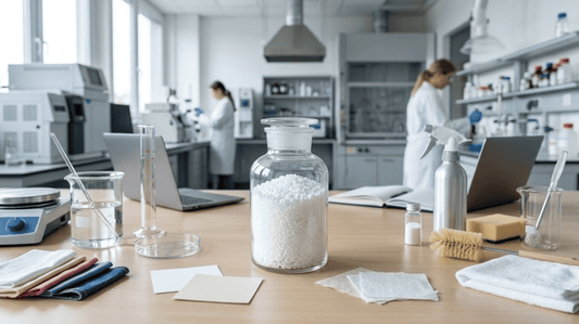Natriumpercarbonat als chemischer Rohstoff für Reinigungsmittel, Textilindustrie und industrielle Anwendungen in einer modernen Laborumgebung.