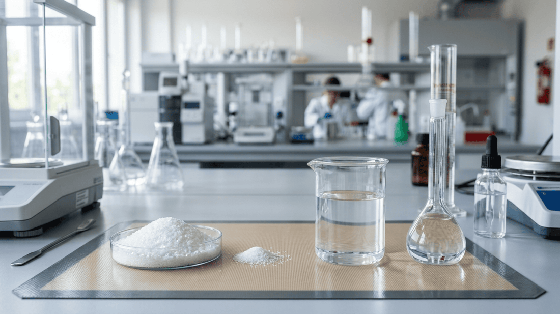 Vergleich von Natriumpercarbonat und Wasserstoffperoxid in einer modernen Laborumgebung mit Laborgeräten und chemischen Reagenzien.