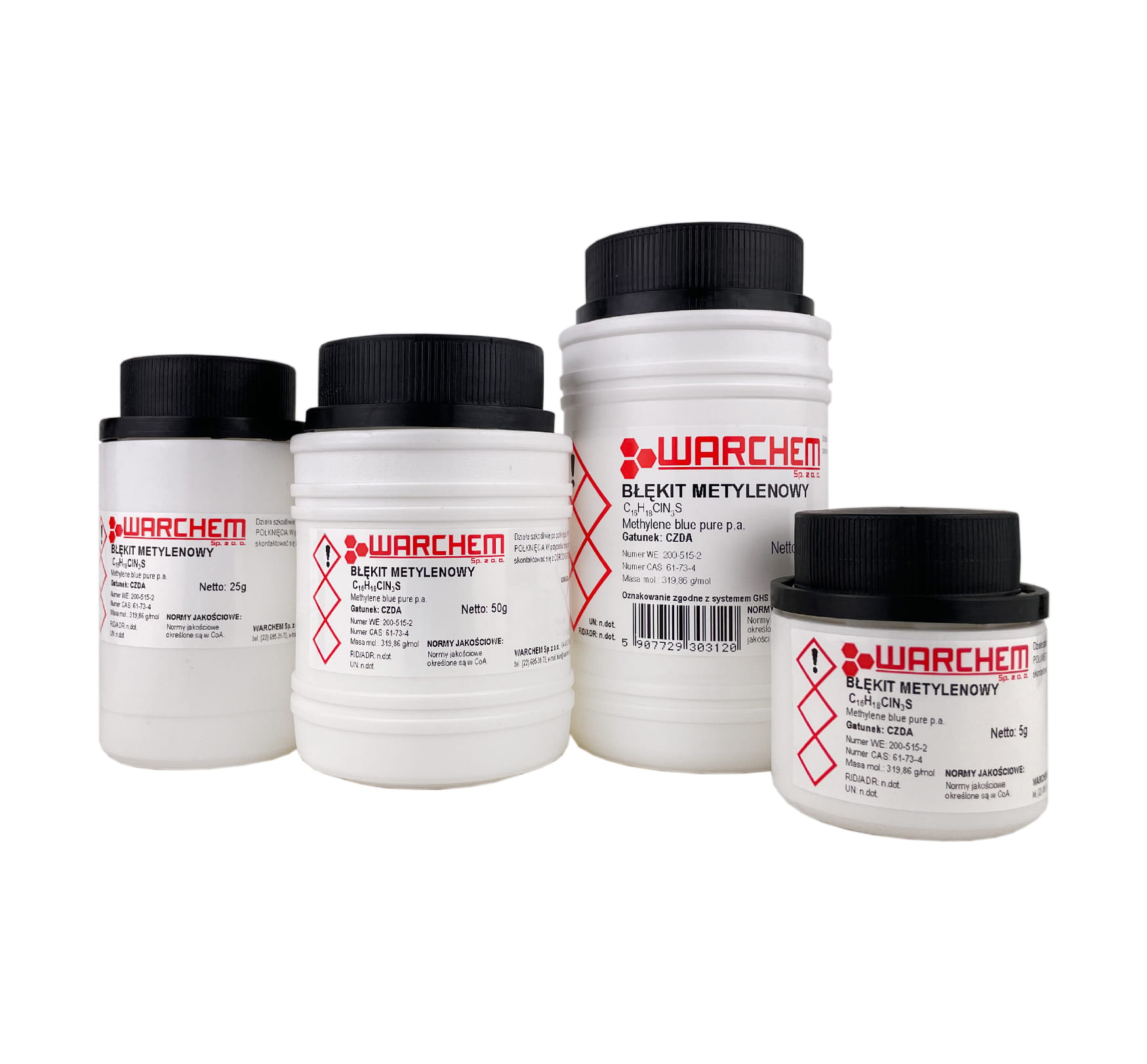 Rein Methylenblau WARCHEM in 100 g Verpackung, ADR-konformes Produkt, gelbe Flüssigkeit in Flasche, chemisches Farbstoff.