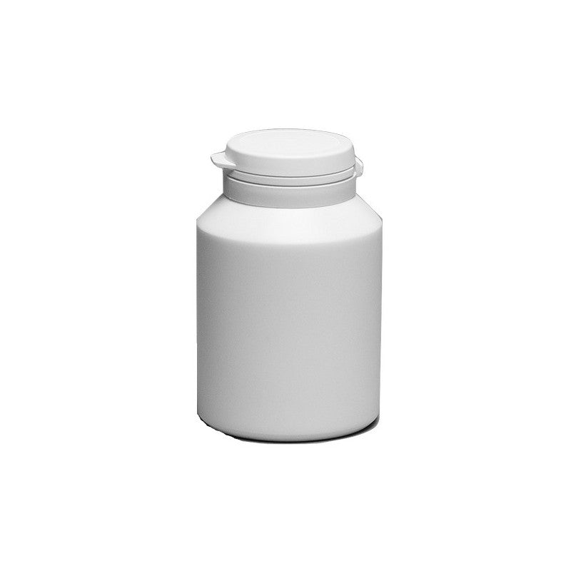 Weiße runde HDPE Flasche mit 180ml Fassungsvermögen und Abrissverschluss, von BIOMUS, auf weißem Hintergrund.