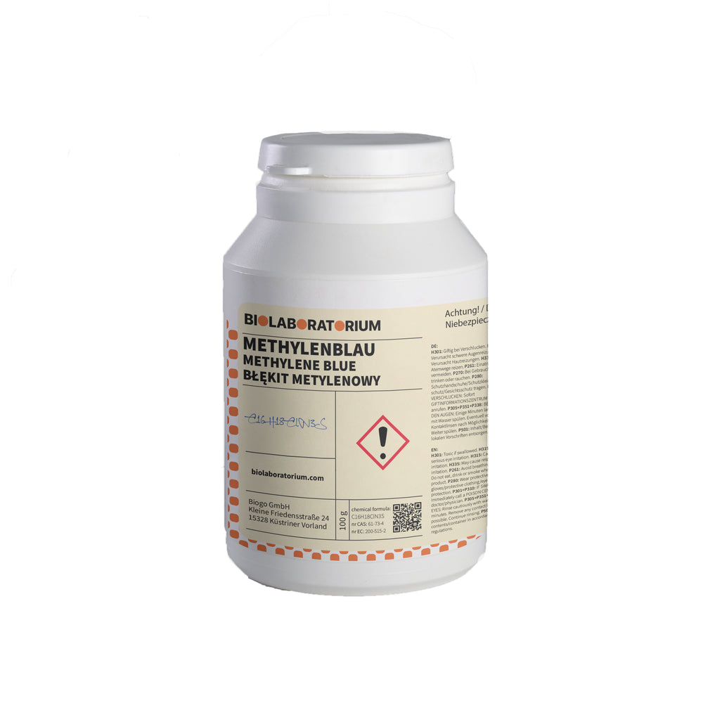 Methylblau Rein 500g von BioLaboratorium, ADR Produkt, chemisches Reagenz in einer transparenten Verpackung.