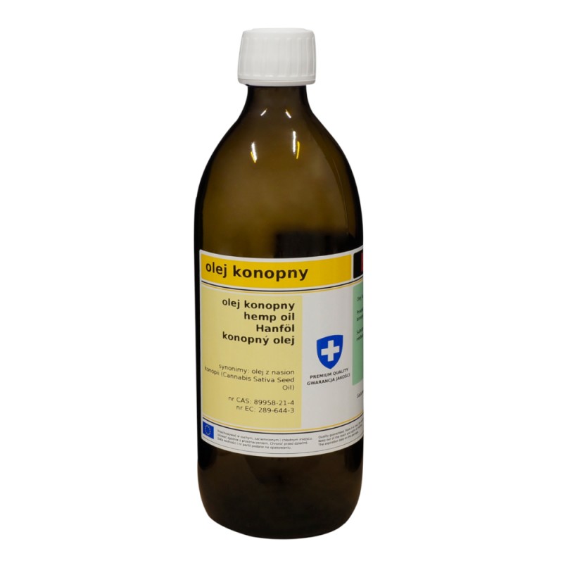 Unraffiniertes Hanföl in 500ml Flasche von BIOMUS, kaltgepresst und naturbelassen, zeigt die goldene Farbe des Hanföls.