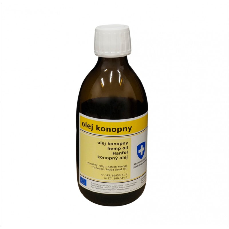 Unraffiniertes Hanföl von BIOMUS in 250ml Flasche, naturbelassen, goldgelbe Farbe, ideal für Ernährung und Hautpflege.