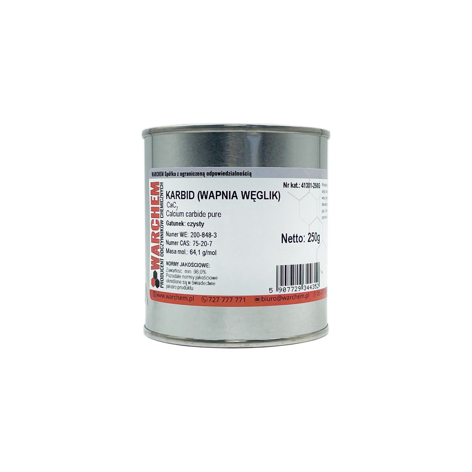 Reines Calciumcarbid 250g von WARCHEM, chemisches Produkt mit weißem Feststoff und kristalliner Struktur.