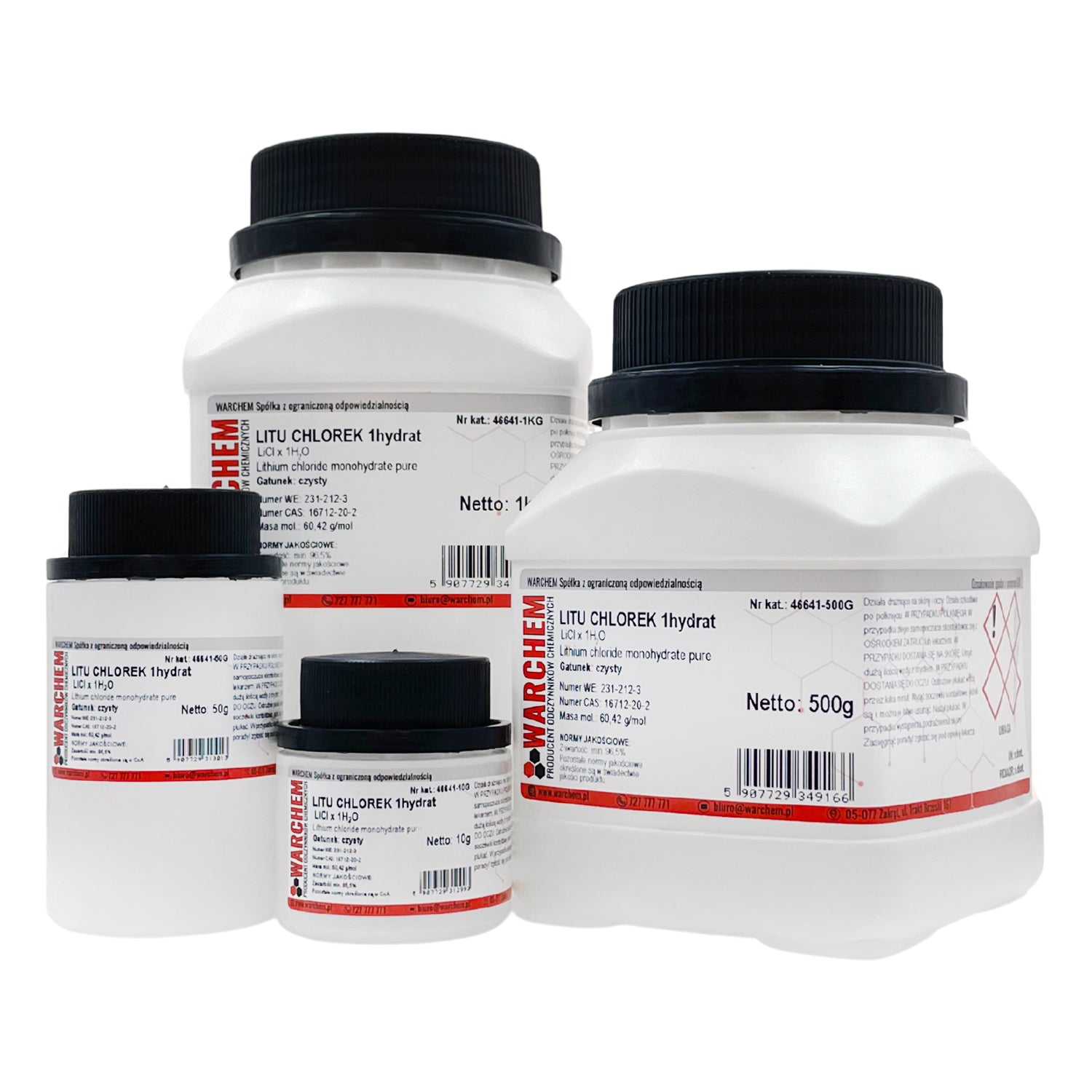 Reines Lithiumchlorid 1-Hydrat in 10g Verpackung von WARCHEM, chemisch reines Kristallpulver auf weißem Hintergrund