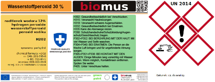 Hochkonzentriertes Wasserstoffperoxid 30 % in 1-Liter-Flasche von BIOMUS, Analysenrein für professionellen Einsatz