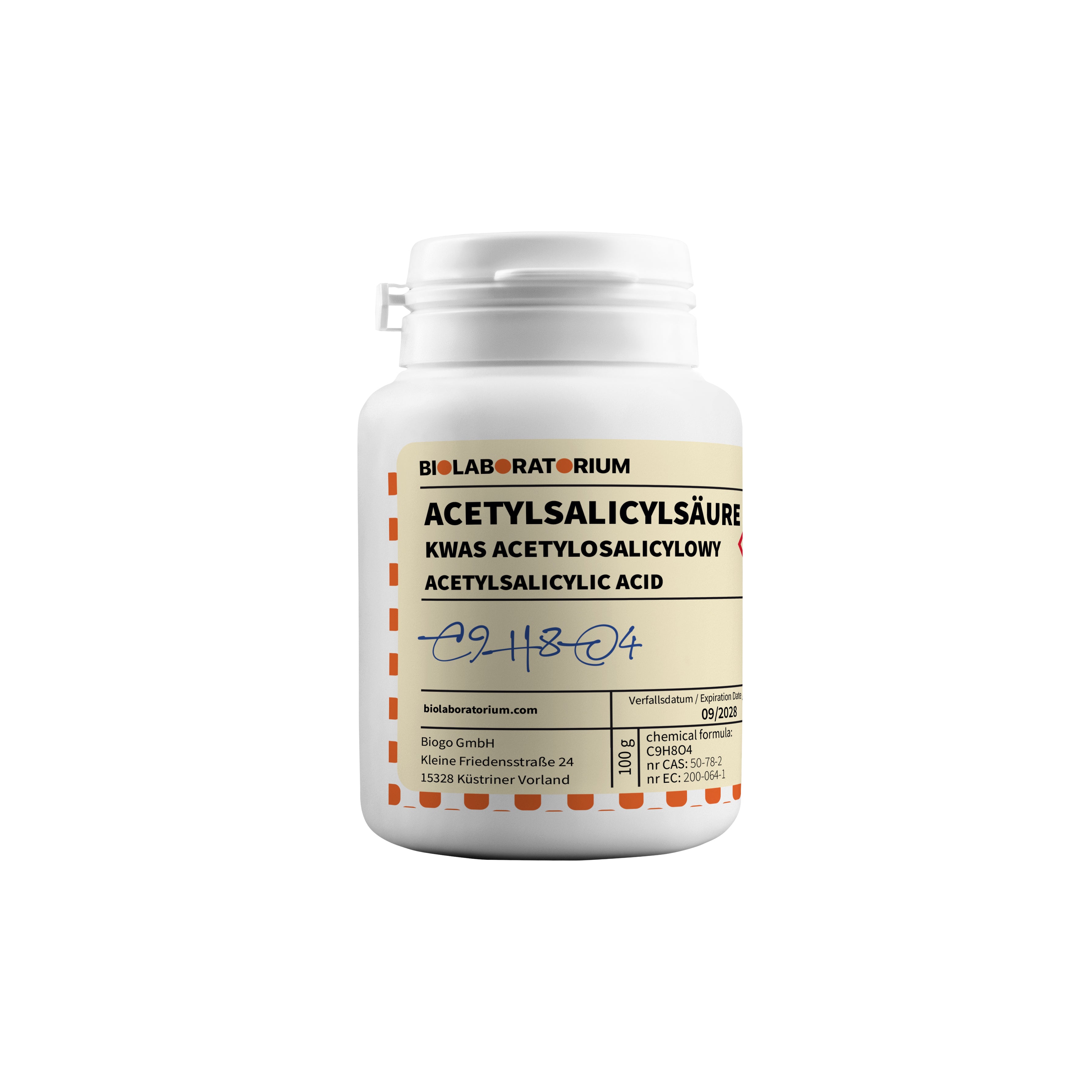 Weiße Aspirin-Tabletten in einer Packung, BioLaboratorium Acetylsalicylsäure 100g, zum Abbildung.