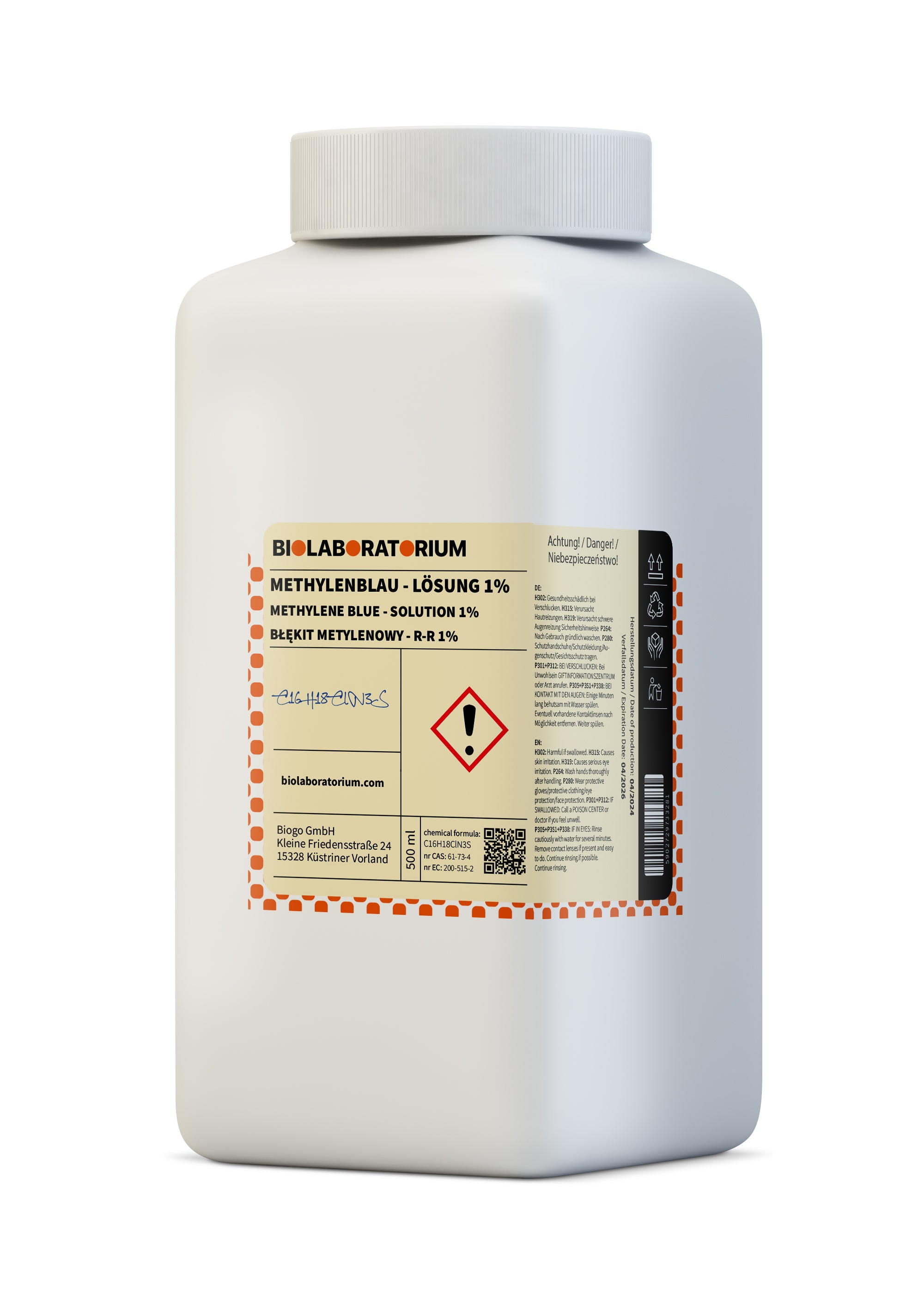 Reine Methylenblaulösung 1% in 500 ml Flasche von BioLaboratorium, blau gefärbte Lösung für medizinische und chemische Anwendungen.